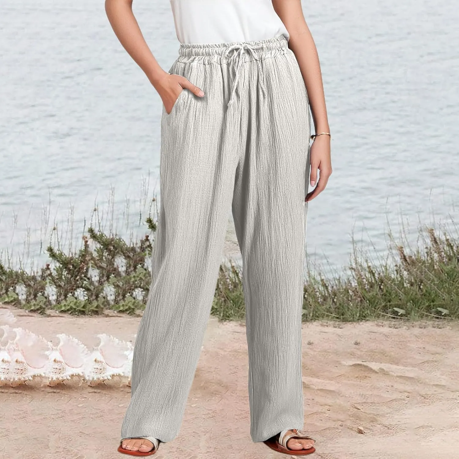 Wide Leg Linen Pants for Women Casual Elastic Waist Loose Fit Flowy Palazzo Pants Comfy Summer Beach Pant with Pockets