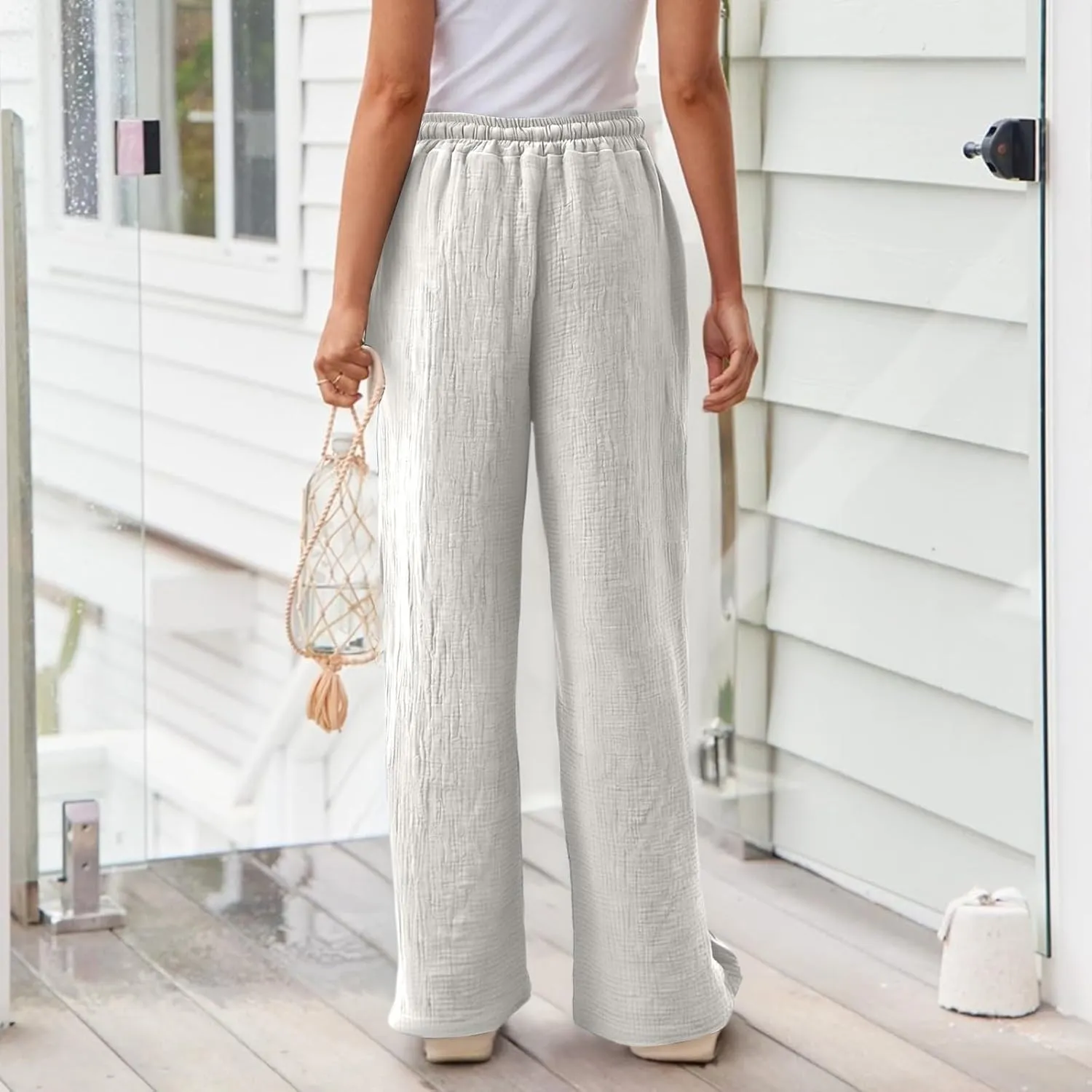Wide Leg Linen Pants for Women Casual Elastic Waist Loose Fit Flowy Palazzo Pants Comfy Summer Beach Pant with Pockets