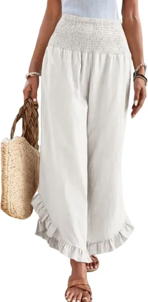 Wide Leg Linen Pants Women Boho High Waisted Ruffle Palazzo Pants Flowy Summer Resort Wear Vacation Beach Trousers