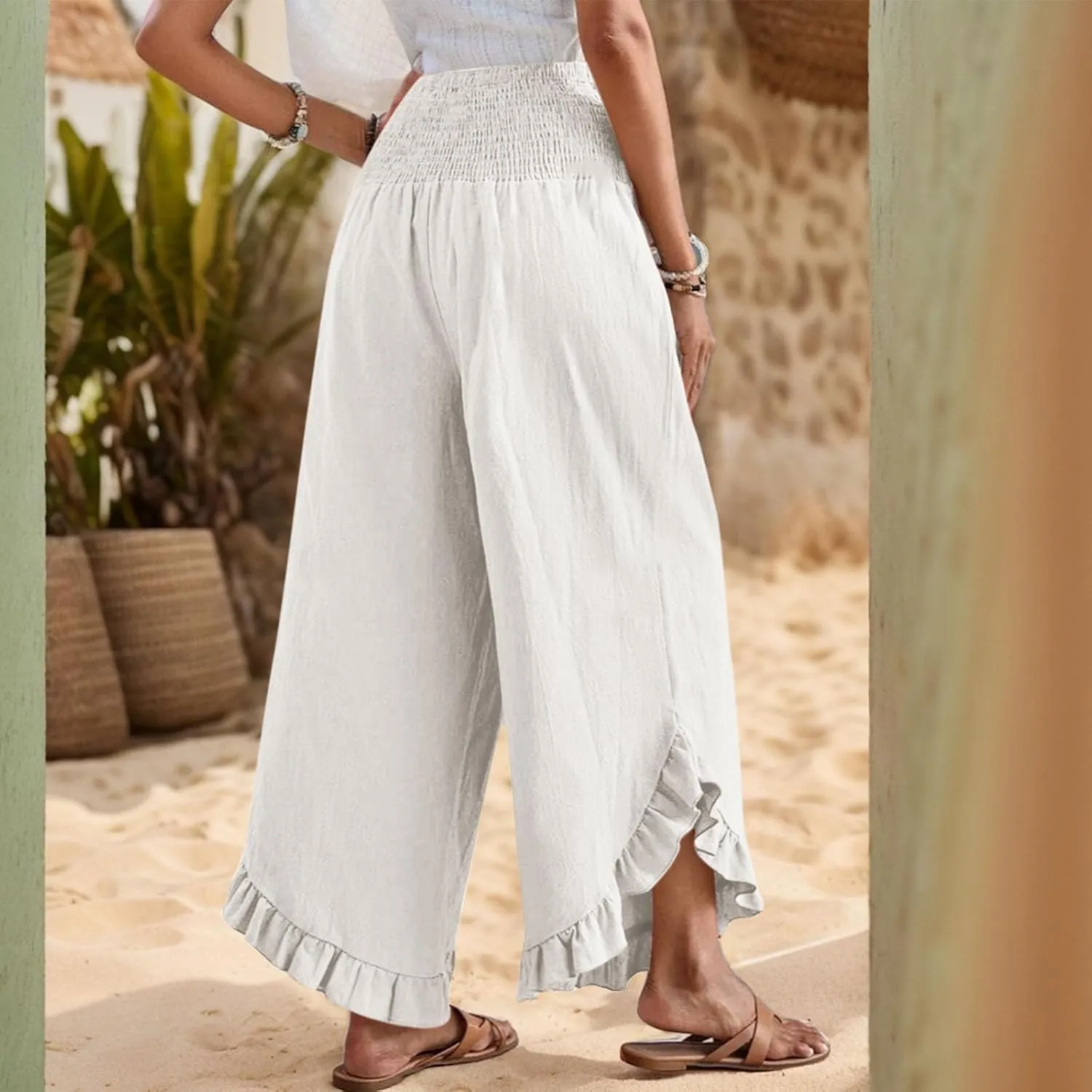 Wide Leg Linen Pants Women Boho High Waisted Ruffle Palazzo Pants Flowy Summer Resort Wear Vacation Beach Trousers
