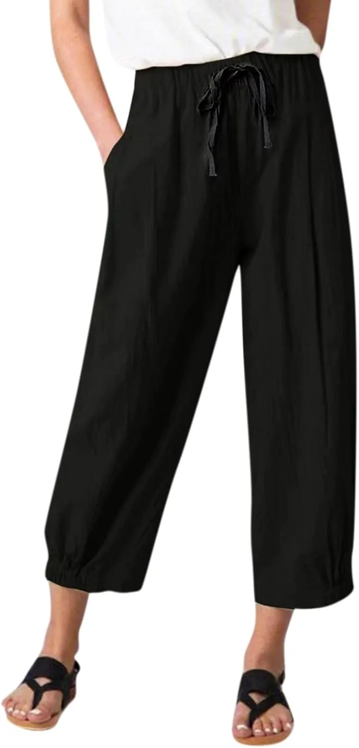 Wide Leg Linen Pants Women Drawstring Elastic High Waisted Baggy Capri Pants Casual Straight Leg Cropped Pants with Pockets