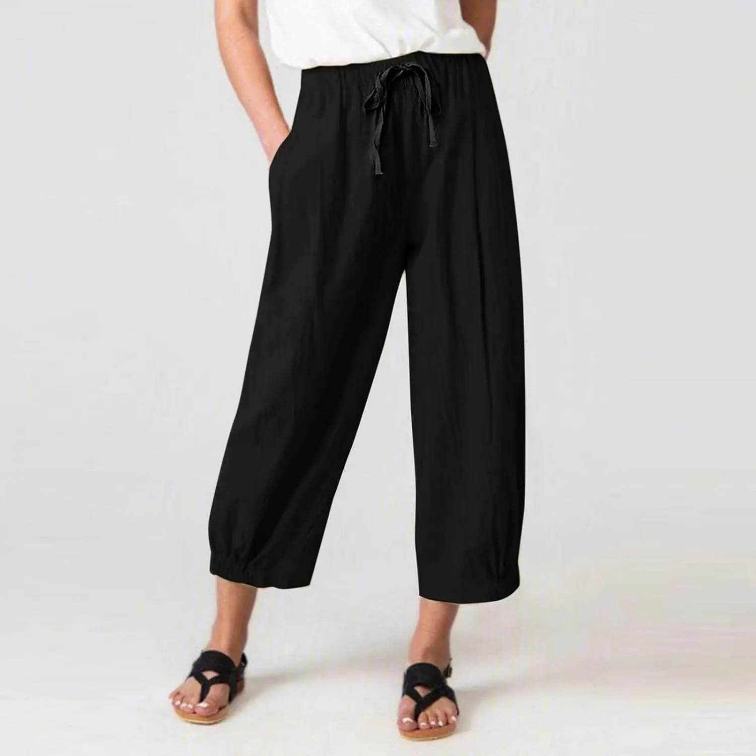 Wide Leg Linen Pants Women Drawstring Elastic High Waisted Baggy Capri Pants Casual Straight Leg Cropped Pants with Pockets