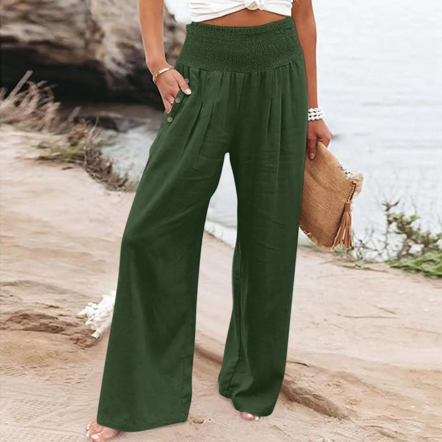 Wide Leg Linen Pull On Pants for Women Petite Summer Casual Capri Pant for Summer Loose Work Trousers