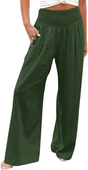 Wide Leg Linen Pull On Pants for Women Petite Summer Casual Capri Pant for Summer Loose Work Trousers