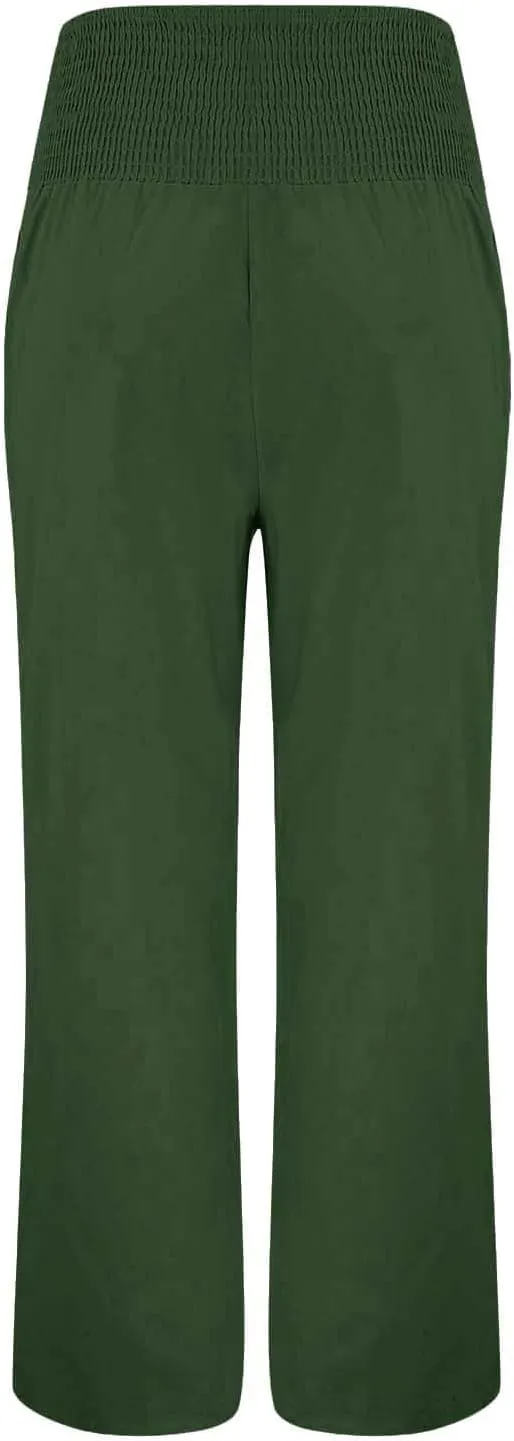 Wide Leg Linen Pull On Pants for Women Petite Summer Casual Capri Pant for Summer Loose Work Trousers