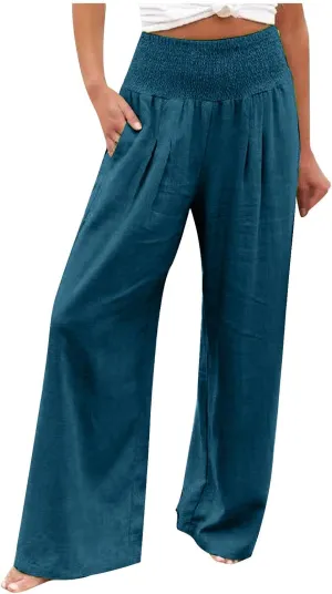 Wide Leg Linen Pull On Pants for Women Petite Summer Casual Capri Pant for Summer Loose Work Trousers