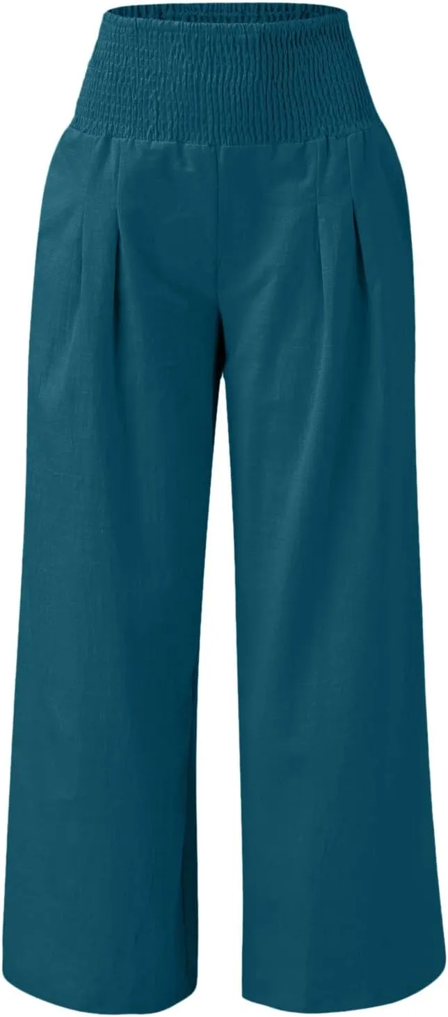 Wide Leg Linen Pull On Pants for Women Petite Summer Casual Capri Pant for Summer Loose Work Trousers