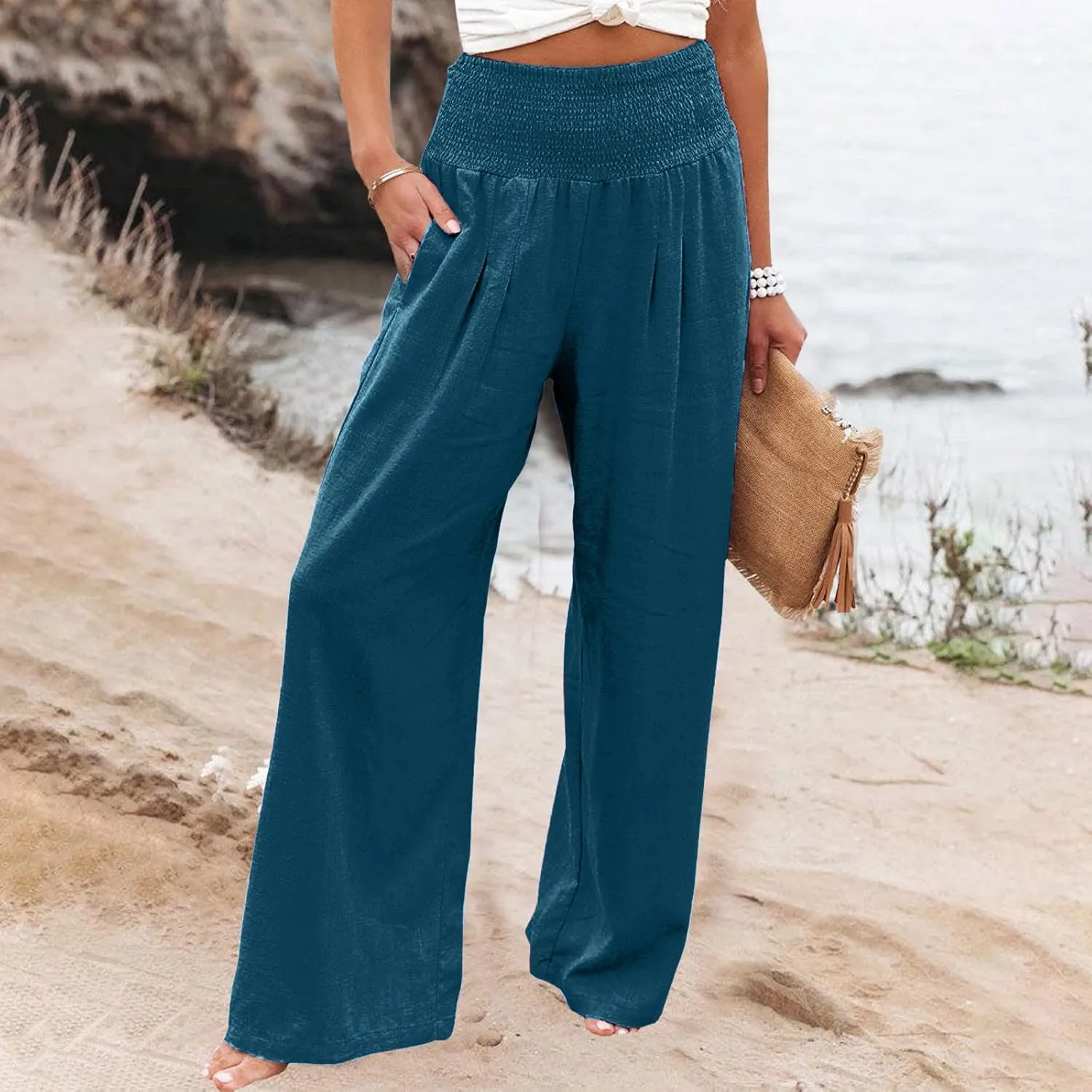 Wide Leg Linen Pull On Pants for Women Petite Summer Casual Capri Pant for Summer Loose Work Trousers
