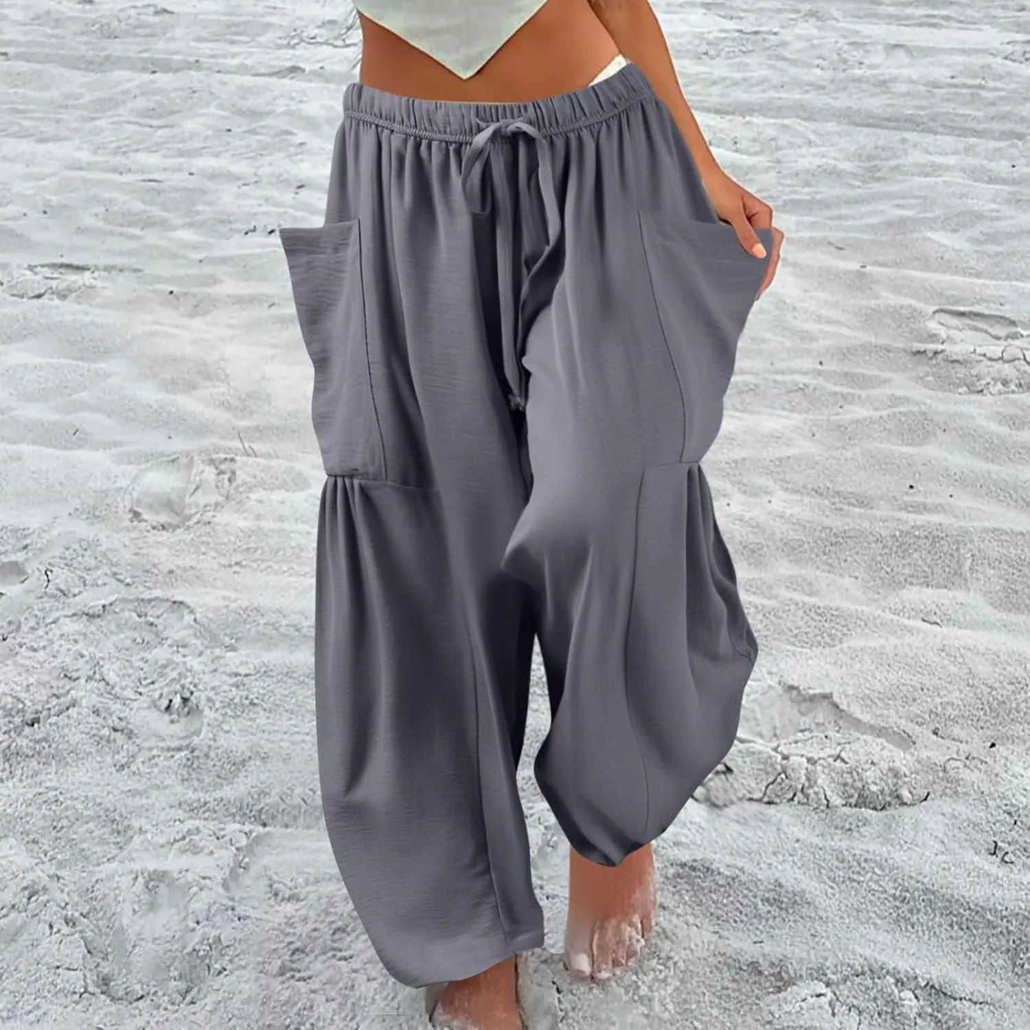 Wide Leg Pants Woman High Waisted Drawstring Pants Summer Beach Vacation Casual Palazzo Lounge Trousers with Pockets
