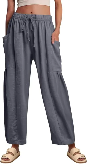 Wide Leg Pants Woman High Waisted Drawstring Pants Summer Beach Vacation Casual Palazzo Lounge Trousers with Pockets