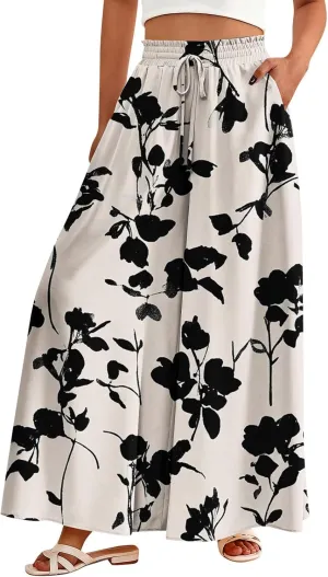 Wide Leg Pants Woman Palazzo Floral Dress Pants Flowy High Waisted Summer 2025 Beach Boho Trousers with Pockets