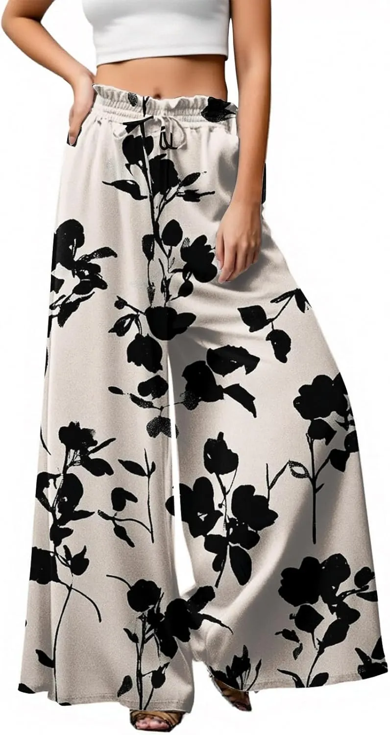 Wide Leg Pants Woman Palazzo Floral Dress Pants Flowy High Waisted Summer 2025 Beach Boho Trousers with Pockets