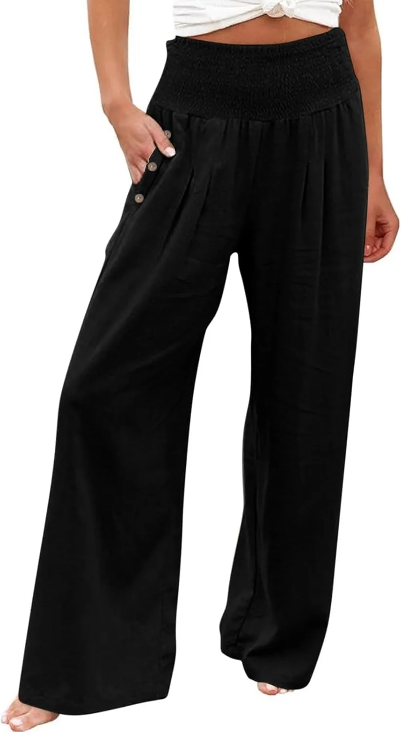 Wide Leg Pants Women Comfy Flowy Cotton and Linen Trousers Summer High Waisted Straight Palazzo Pants with Pockets 2024