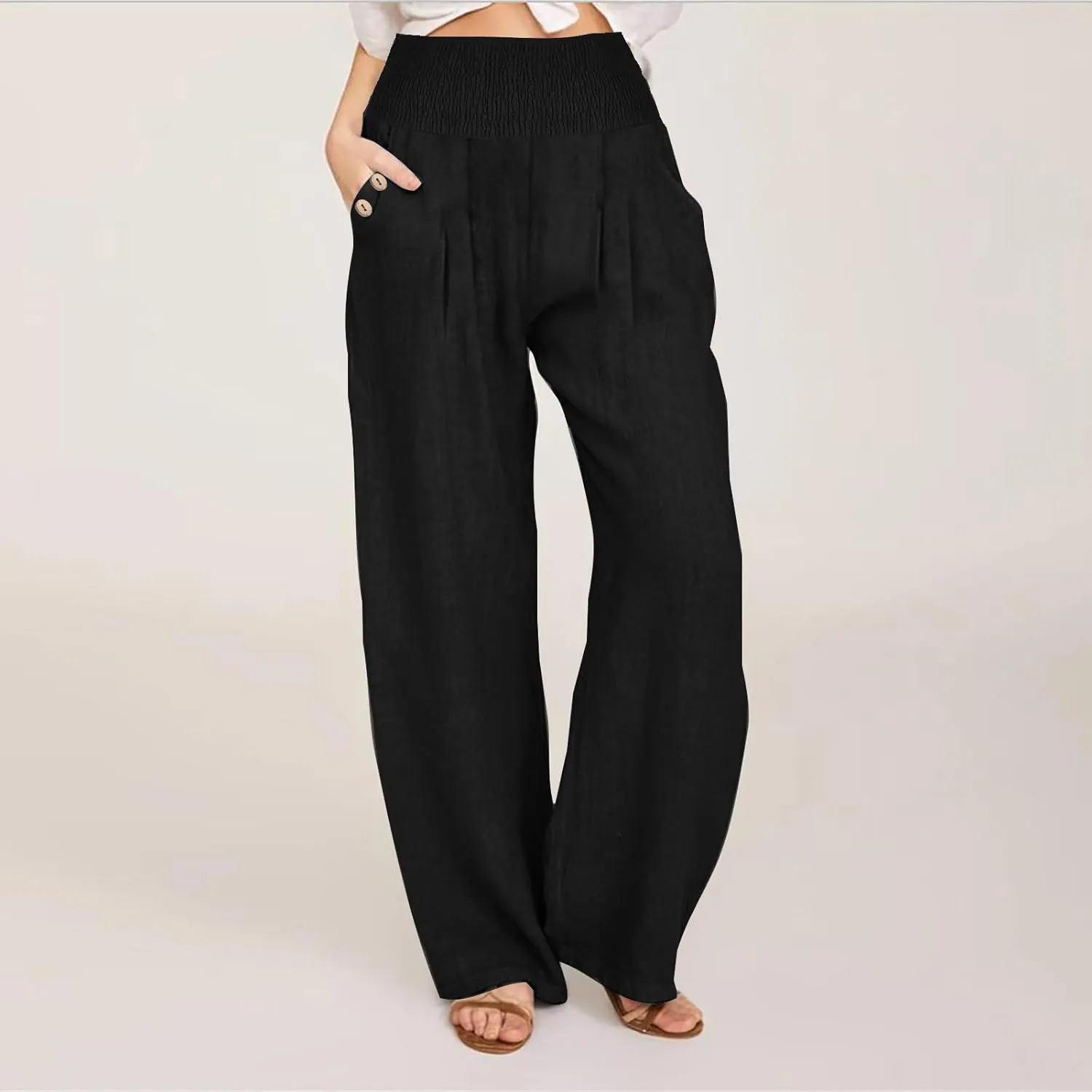 Wide Leg Pants Women Comfy Flowy Cotton and Linen Trousers Summer High Waisted Straight Palazzo Pants with Pockets 2024