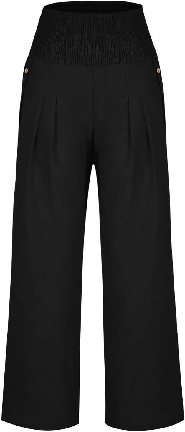 Wide Leg Pants Women Comfy Flowy Cotton and Linen Trousers Summer High Waisted Straight Palazzo Pants with Pockets 2024