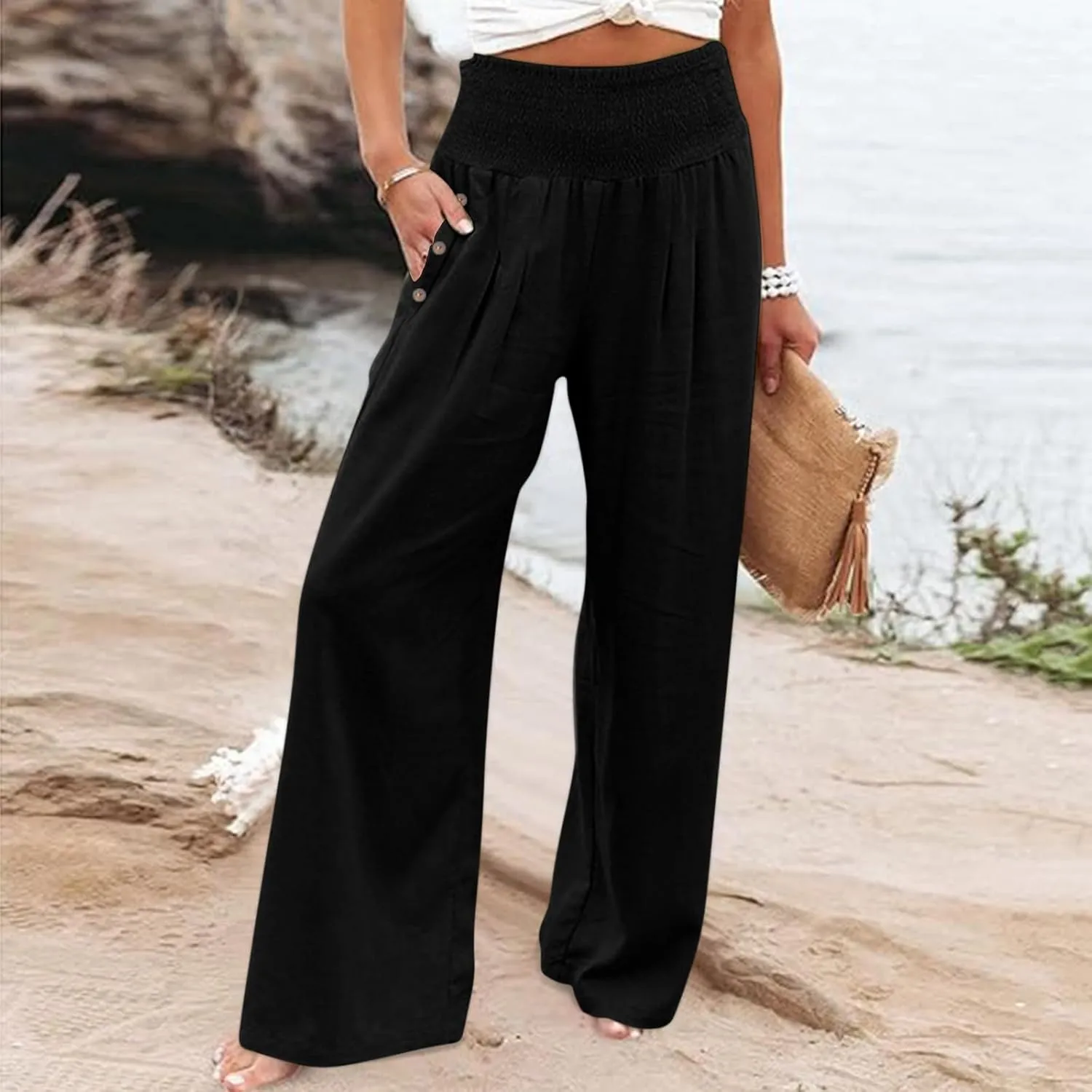 Wide Leg Pants Women Comfy Flowy Cotton and Linen Trousers Summer High Waisted Straight Palazzo Pants with Pockets 2024