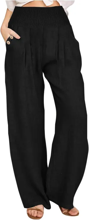 Wide Leg Pants Women Comfy Flowy Cotton and Linen Trousers Summer High Waisted Straight Palazzo Pants with Pockets 2024
