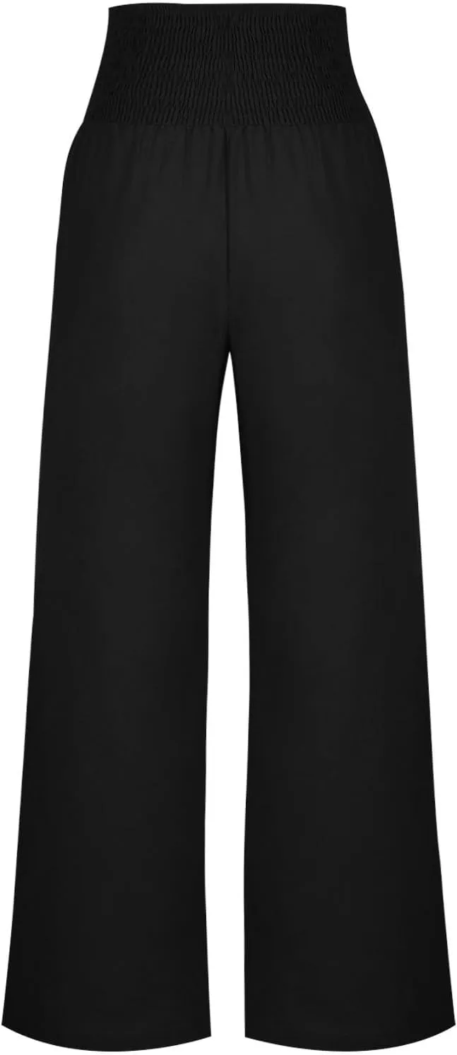 Wide Leg Pants Women Comfy Flowy Cotton and Linen Trousers Summer High Waisted Straight Palazzo Pants with Pockets 2024