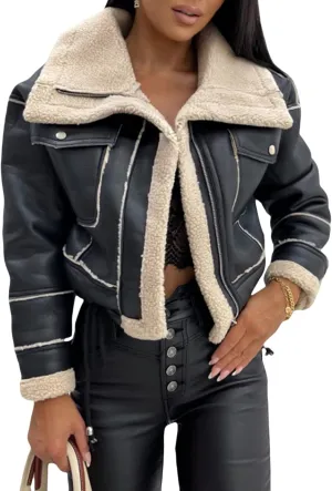 Winter Clothes Women Leather Open Front Jacket Contrast Color Plush Collar Cardigan with Belt Outwear Streetwear