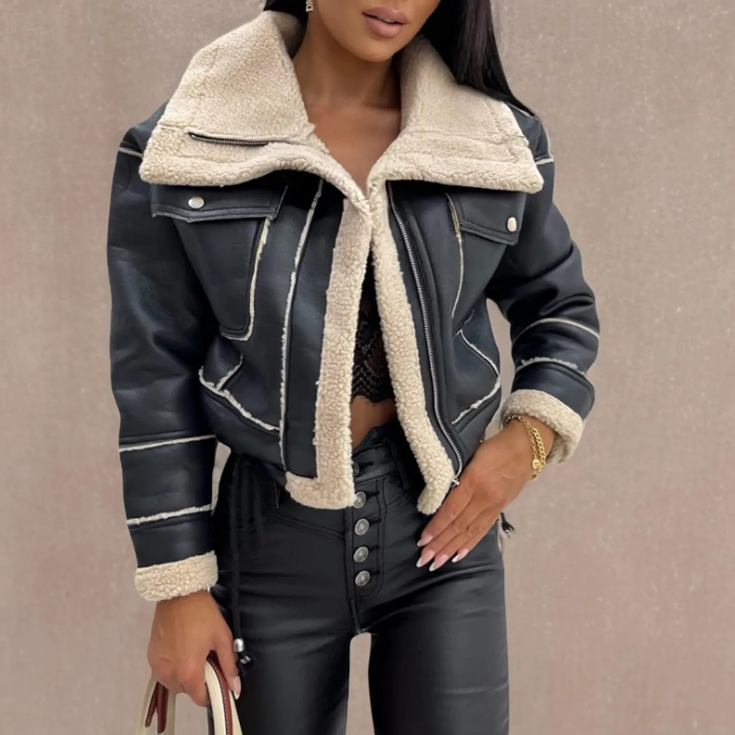 Winter Clothes Women Leather Open Front Jacket Contrast Color Plush Collar Cardigan with Belt Outwear Streetwear