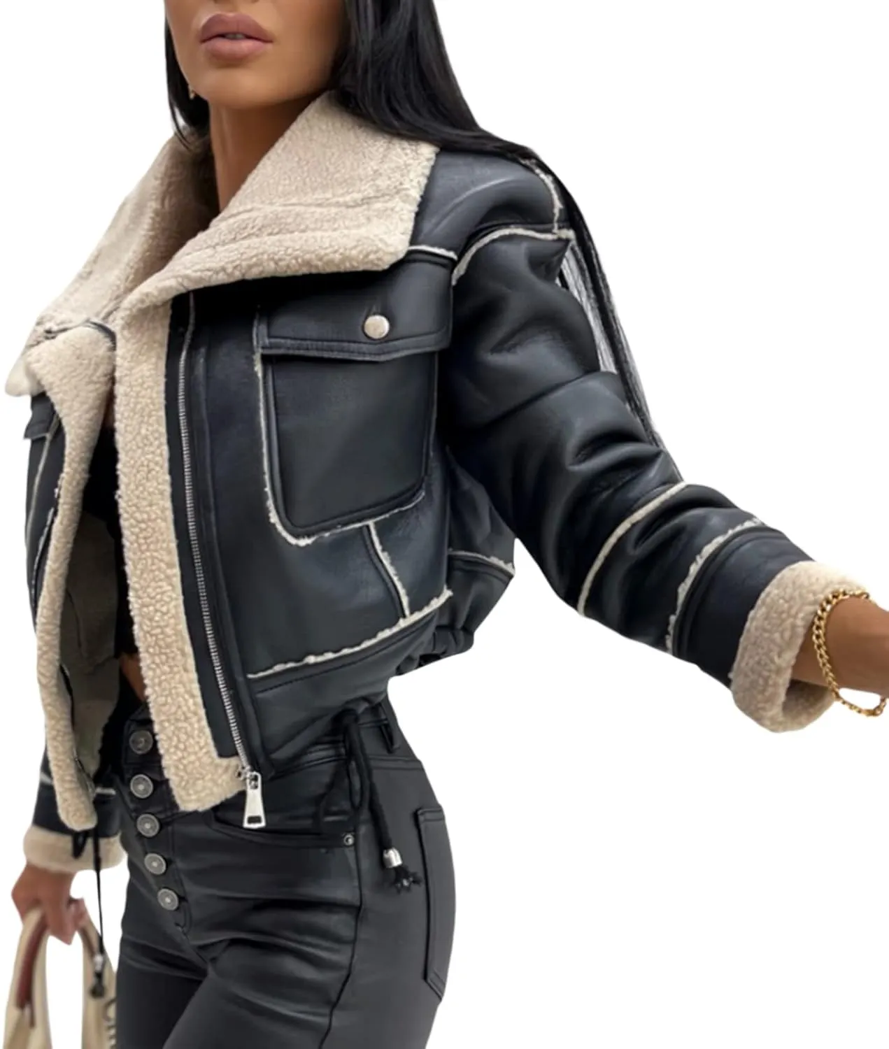 Winter Clothes Women Leather Open Front Jacket Contrast Color Plush Collar Cardigan with Belt Outwear Streetwear