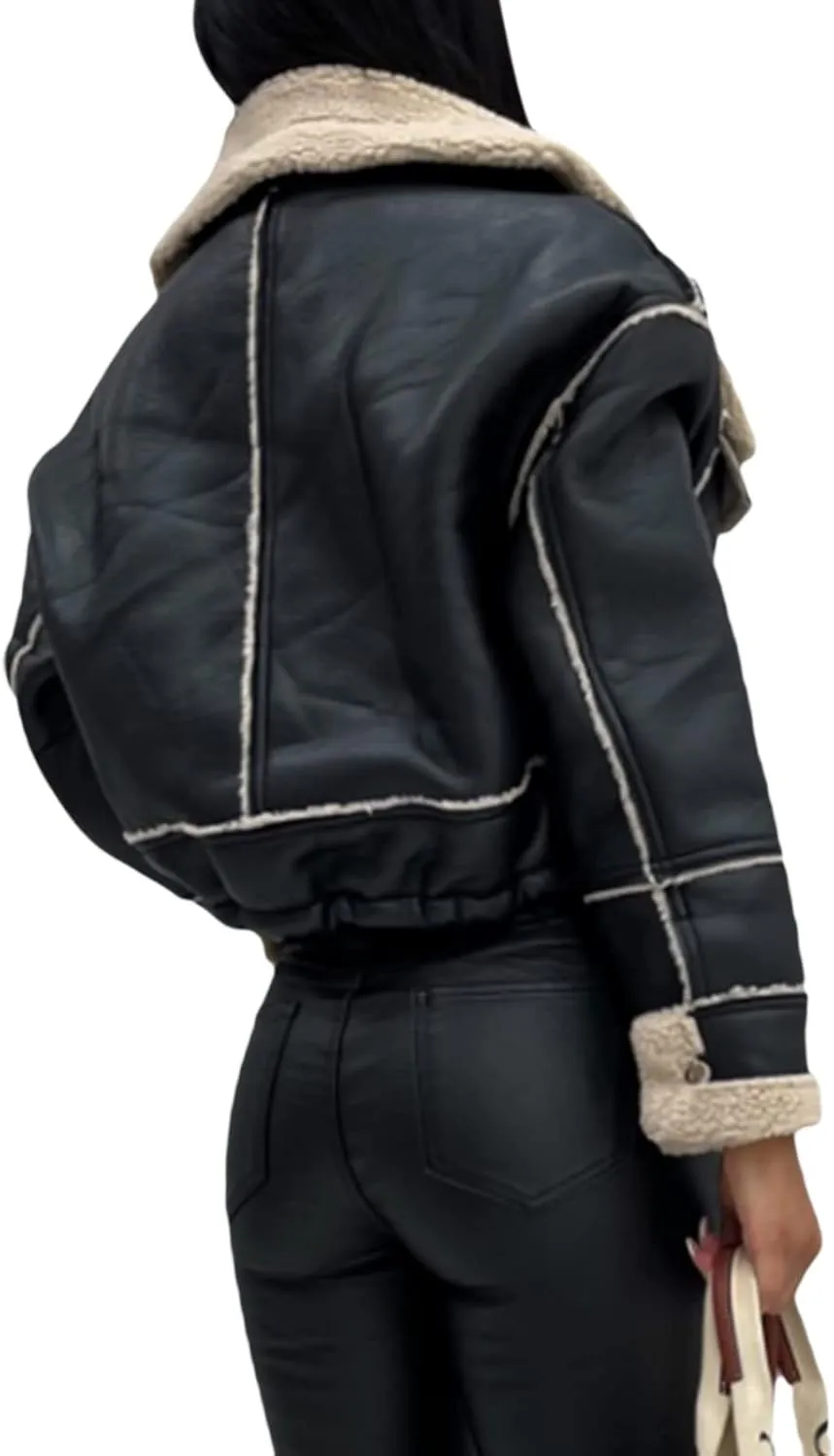 Winter Clothes Women Leather Open Front Jacket Contrast Color Plush Collar Cardigan with Belt Outwear Streetwear