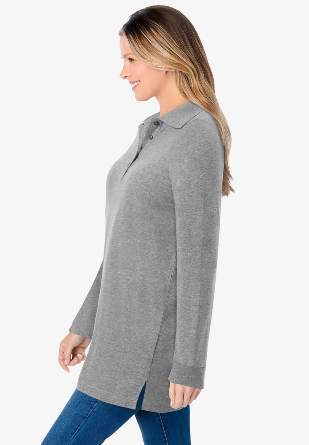 Woman Within Plus Size Long-Sleeve Polo Shirt