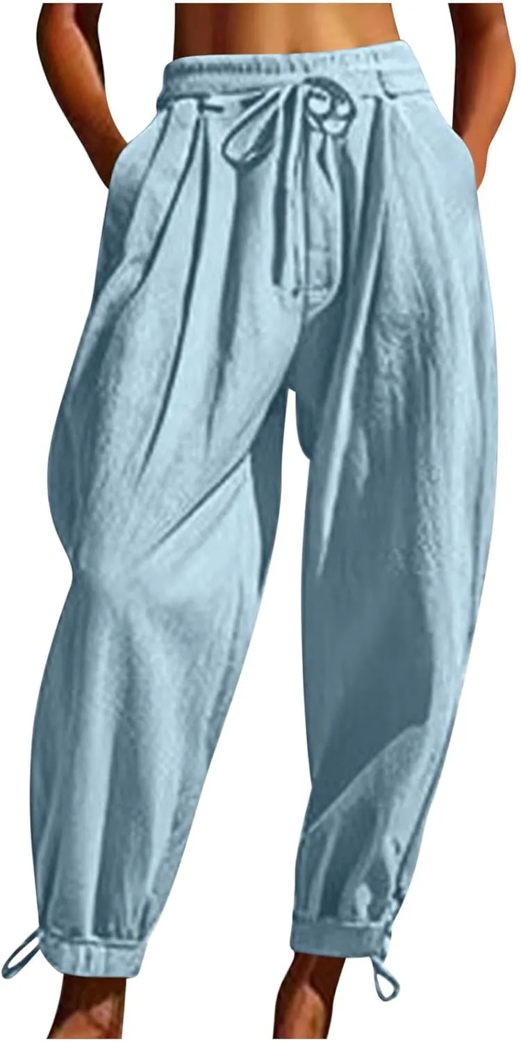 Women Baggy Draped Jogger Pants Summer Cotton Linen High Waisted Crop Tapered Pants Casual Drawstring Trousers with Pockets