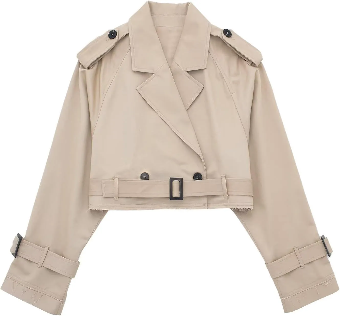 Women Casual Lapel Double Breasted Short Trench Jacket Cropped Pea Coat Outwear With Belt Fall Fashion Loose Overcoat