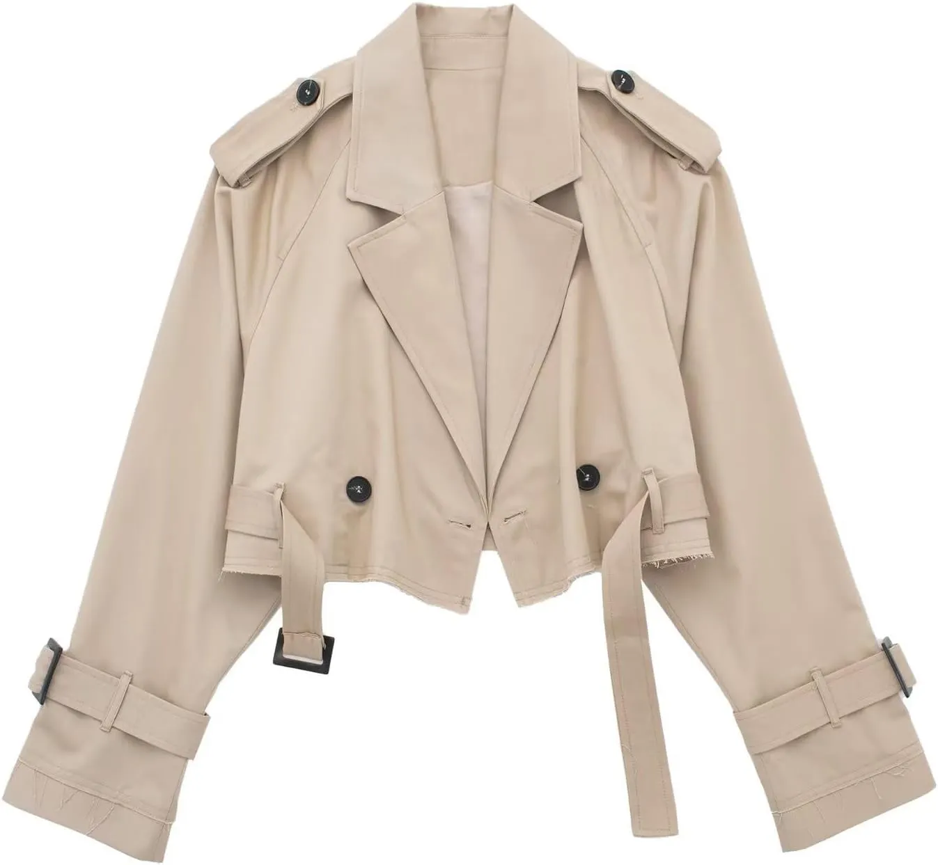 Women Casual Lapel Double Breasted Short Trench Jacket Cropped Pea Coat Outwear With Belt Fall Fashion Loose Overcoat
