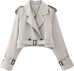 Women Casual Lapel Double Breasted Short Trench Jacket Cropped Pea Coat Outwear With Belt Fall Fashion Loose Overcoat
