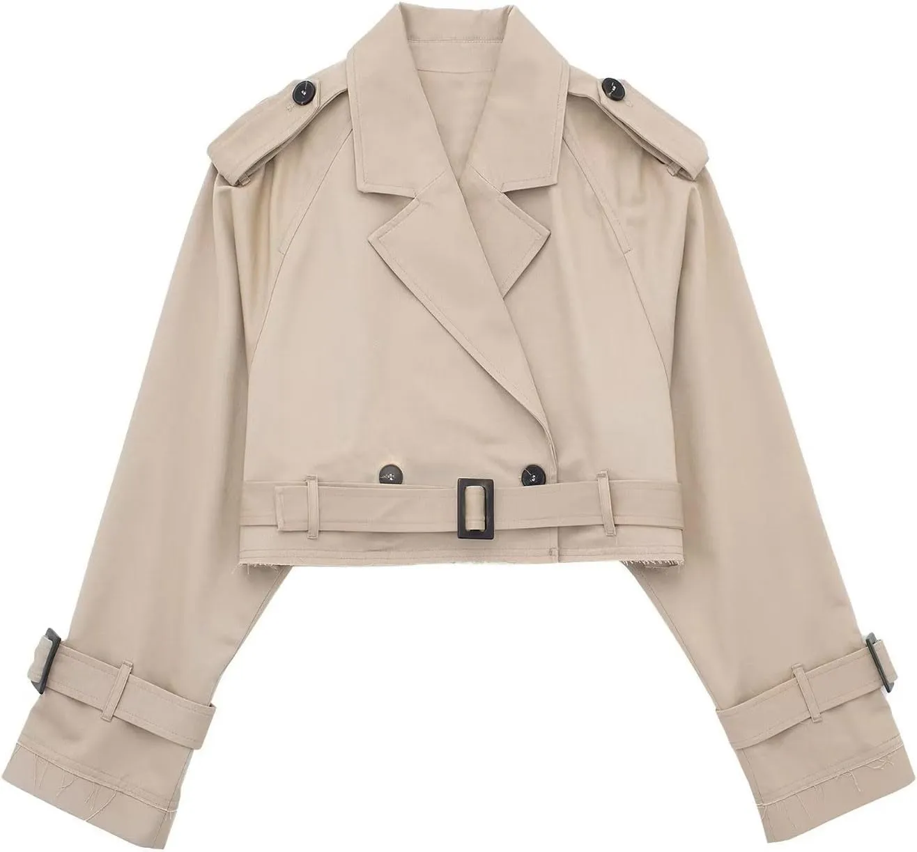 Women Casual Lapel Double Breasted Short Trench Jacket Cropped Pea Coat Outwear With Belt Fall Fashion Loose Overcoat