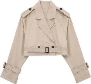 Women Casual Lapel Double Breasted Short Trench Jacket Cropped Pea Coat Outwear With Belt Fall Fashion Loose Overcoat