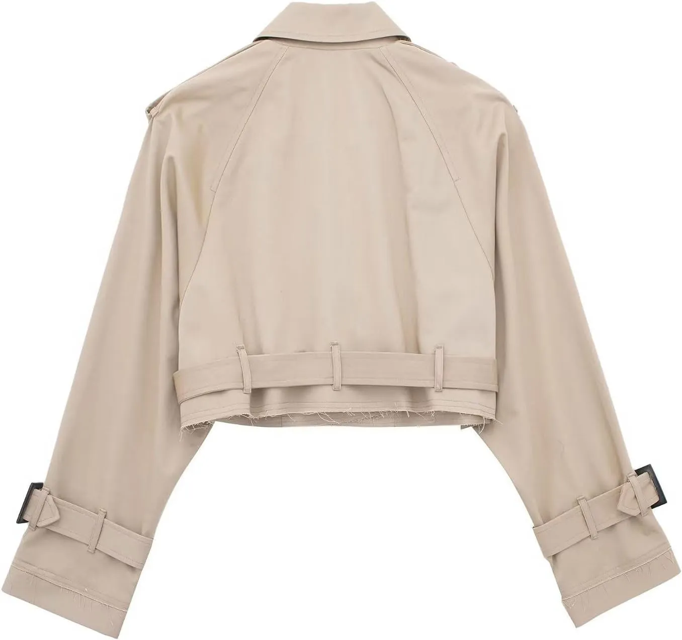 Women Casual Lapel Double Breasted Short Trench Jacket Cropped Pea Coat Outwear With Belt Fall Fashion Loose Overcoat