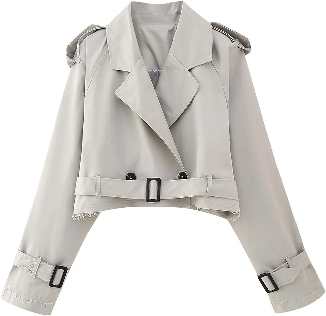 Women Casual Lapel Double Breasted Short Trench Jacket Cropped Pea Coat Outwear With Belt Fall Fashion Loose Overcoat