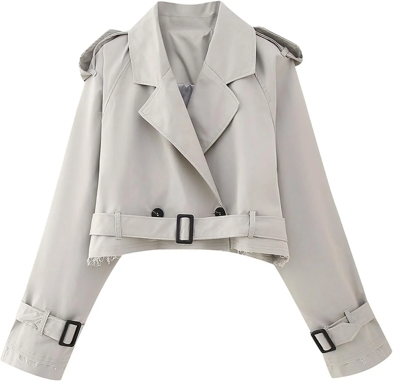 Women Casual Lapel Double Breasted Short Trench Jacket Cropped Pea Coat Outwear With Belt Fall Fashion Loose Overcoat