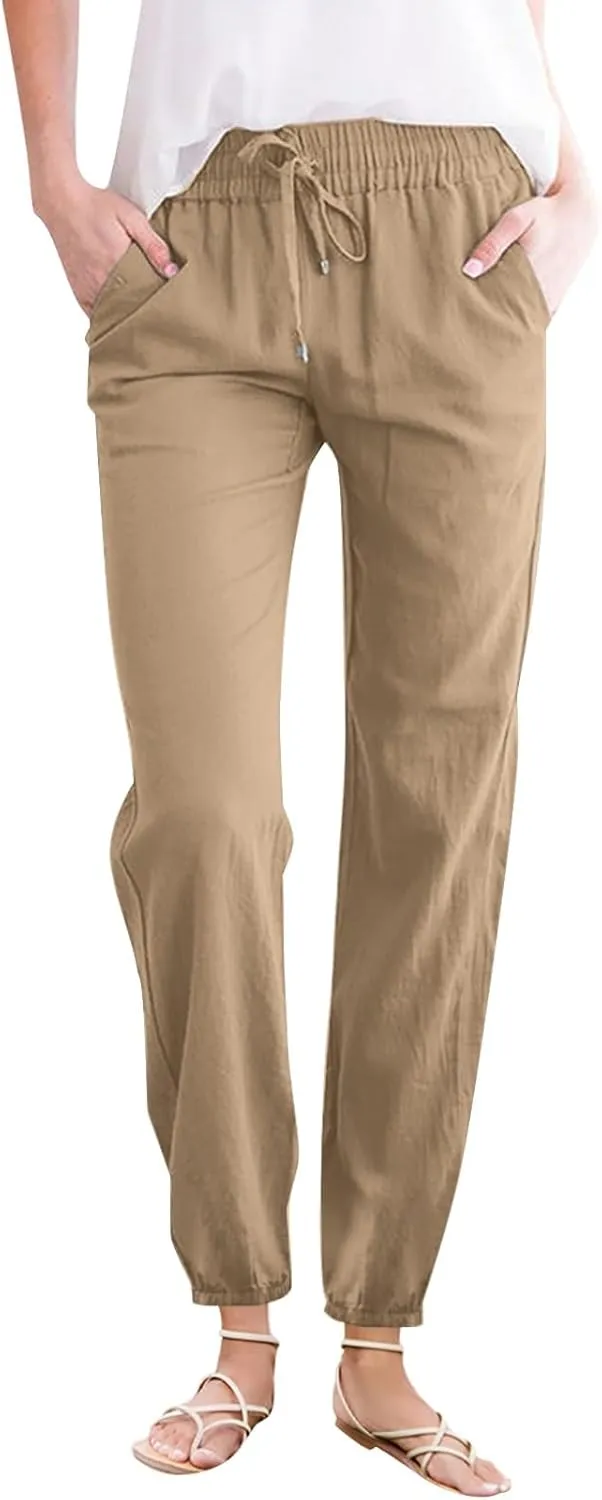 Women Cotton Linen Ankle Length Pants Straight Leg Elastic High Waist Casual Summer Beach Cropped Pant Trousers with Pockets