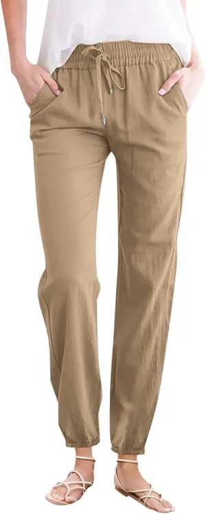 Women Cotton Linen Ankle Length Pants Straight Leg Elastic High Waist Casual Summer Beach Cropped Pant Trousers with Pockets