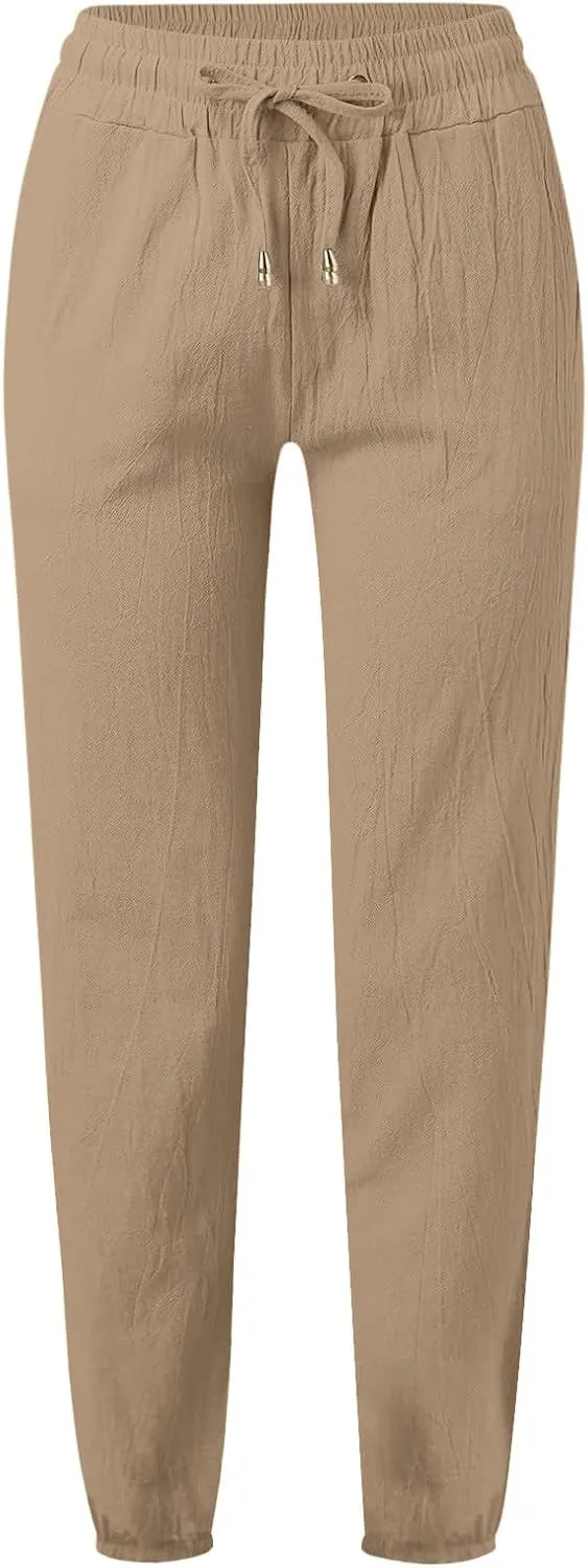 Women Cotton Linen Ankle Length Pants Straight Leg Elastic High Waist Casual Summer Beach Cropped Pant Trousers with Pockets