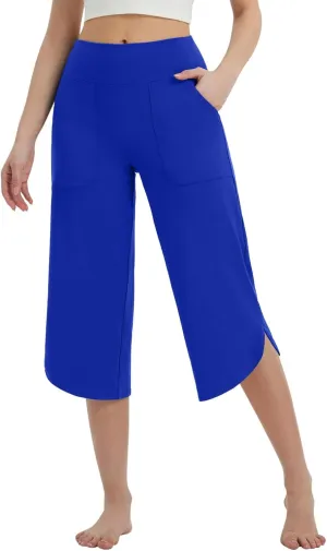 Women Curved Split Hem Capri Pant Summer Casual Loose Yoga Workout Pants Elastic High Waist Crop Trousers for Gym Running