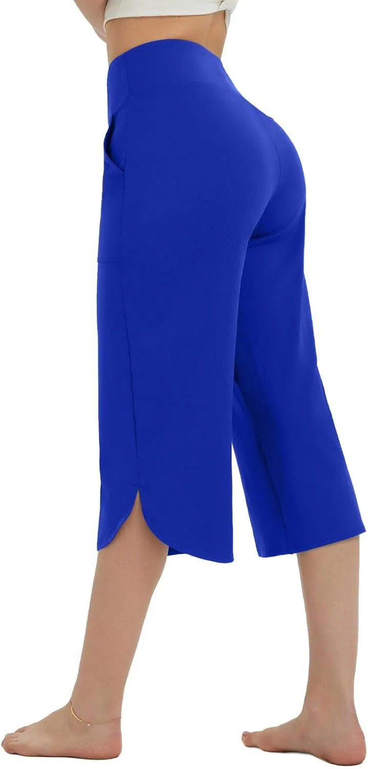Women Curved Split Hem Capri Pant Summer Casual Loose Yoga Workout Pants Elastic High Waist Crop Trousers for Gym Running