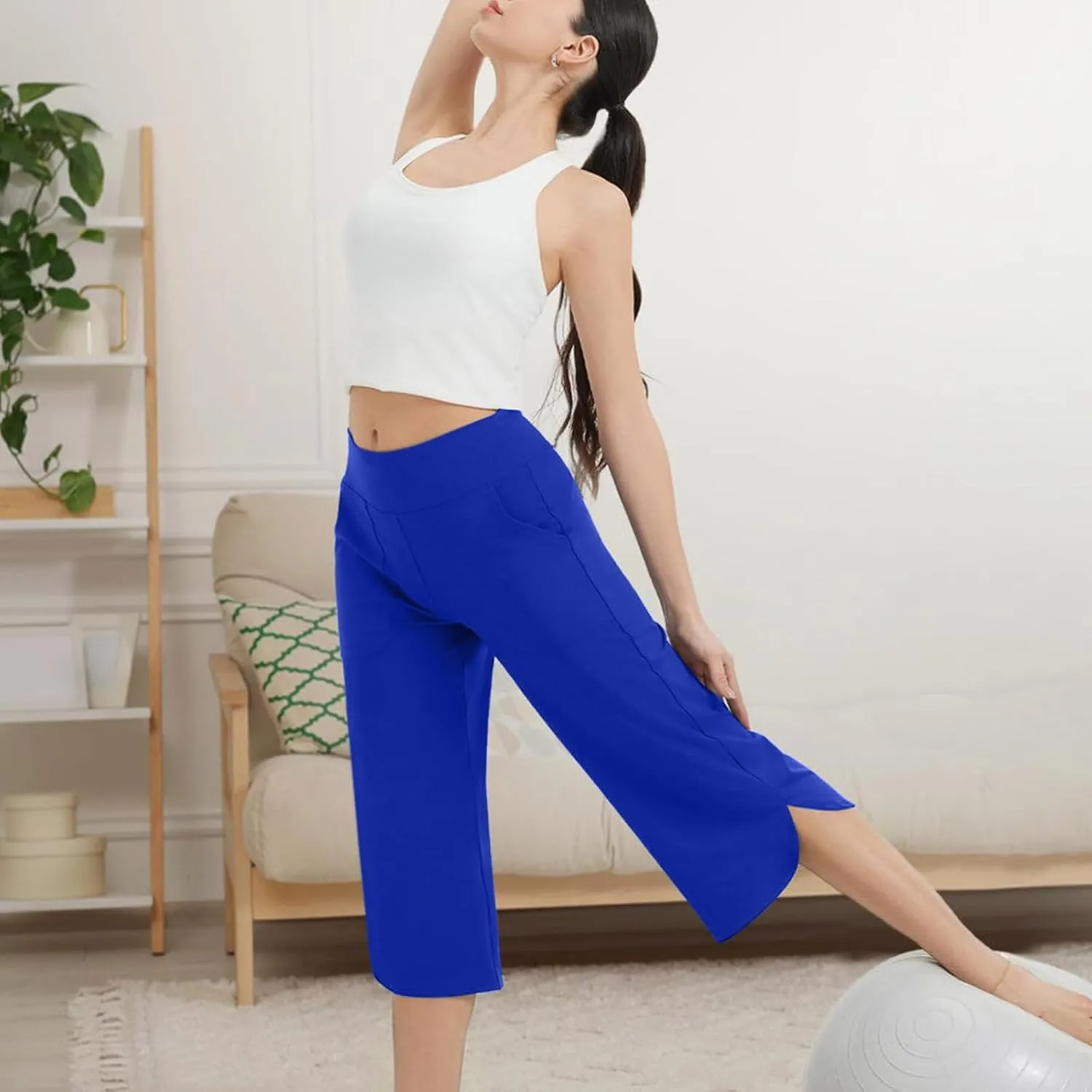 Women Curved Split Hem Capri Pant Summer Casual Loose Yoga Workout Pants Elastic High Waist Crop Trousers for Gym Running