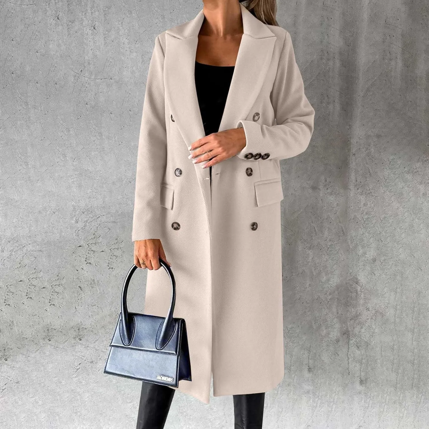 Women Length Trench Notched Lapel Double Breasted Casual Coat Winter Thermal Business Office Work Outwear with Pocket