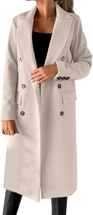 Women Length Trench Notched Lapel Double Breasted Casual Coat Winter Thermal Business Office Work Outwear with Pocket