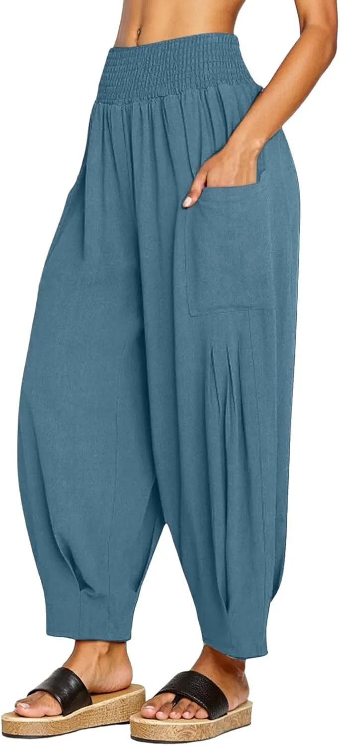 Women Linen Boho Pants Baggy Harem Pants Summer Loose Wide Leg Trousers High Waisted Beach Vacation Pant