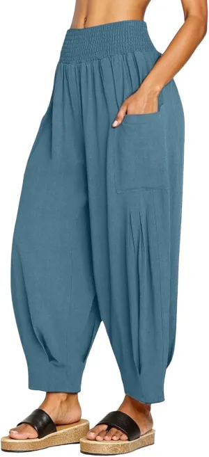 Women Linen Boho Pants Baggy Harem Pants Summer Loose Wide Leg Trousers High Waisted Beach Vacation Pant