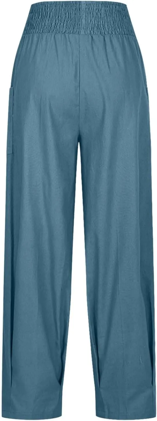 Women Linen Boho Pants Baggy Harem Pants Summer Loose Wide Leg Trousers High Waisted Beach Vacation Pant