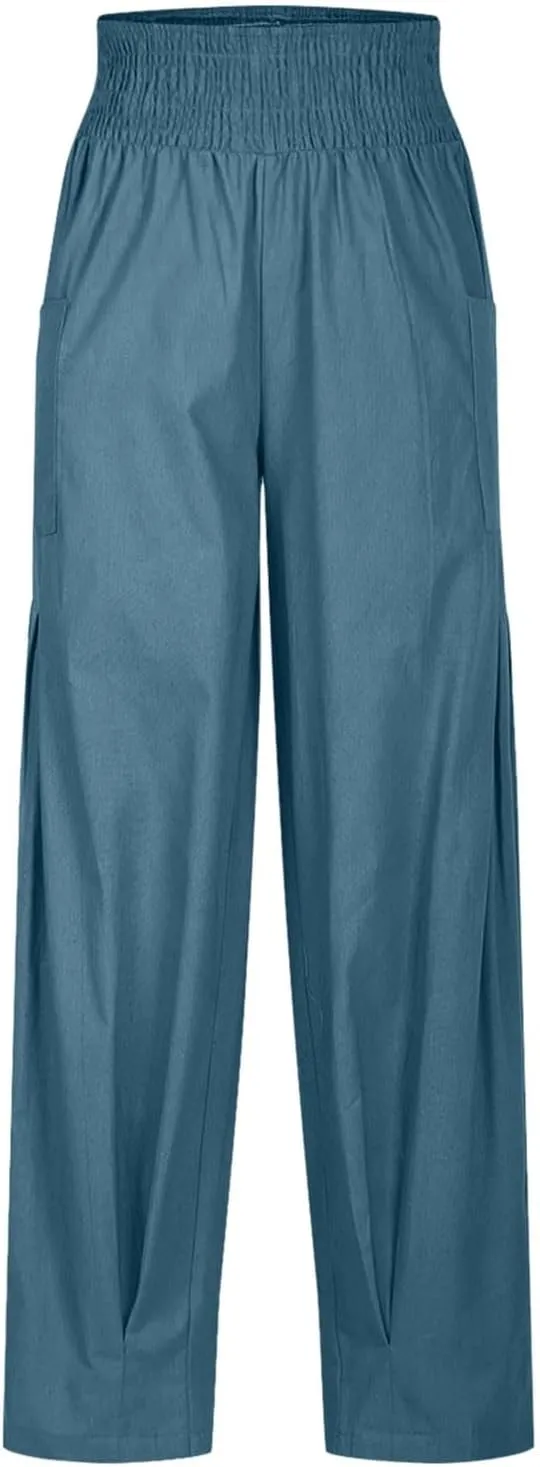 Women Linen Boho Pants Baggy Harem Pants Summer Loose Wide Leg Trousers High Waisted Beach Vacation Pant