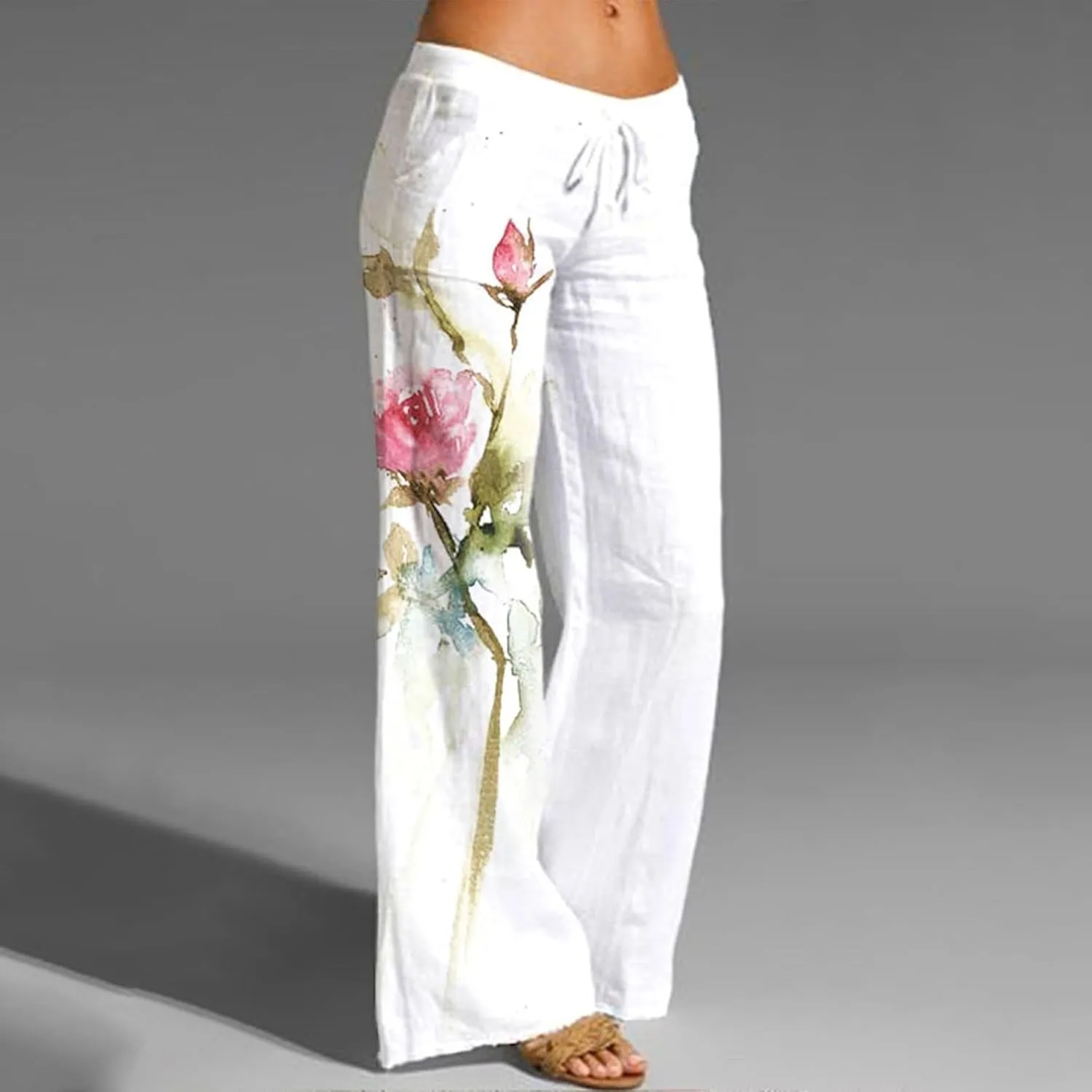 Women Linen Palazzo Pants 2025 Summer High Waisted Wide Leg Lounge Pants Pleated Beach Travel Trousers with Pocket