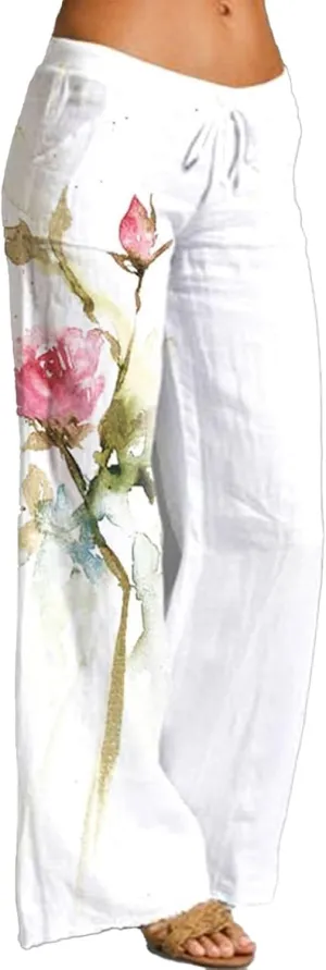 Women Linen Palazzo Pants 2025 Summer High Waisted Wide Leg Lounge Pants Pleated Beach Travel Trousers with Pocket